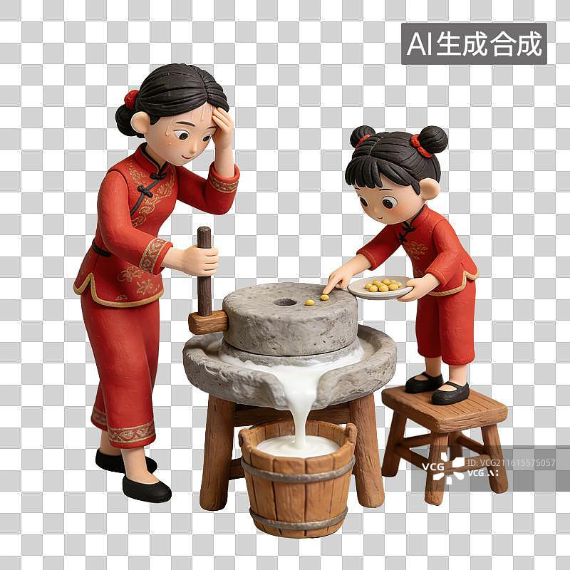 【AI数字艺术】3D粘土风穿着红色传统服饰的女性正握着木柄推动石磨在木凳上的女孩黄豆倒入磨眼元素图片素材