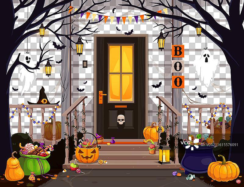 万圣节门口的门廊，挂着糖果桶和鬼魂装饰图片素材