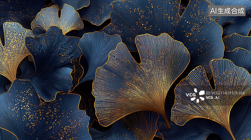 【AI数字艺术】深蓝金叶纹理特写图片素材