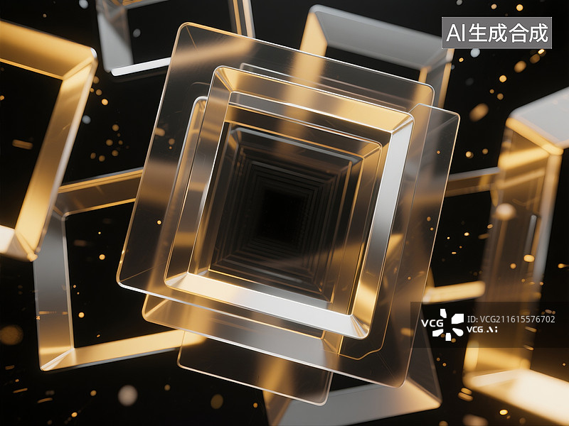 【AI数字艺术】3D渲染，黑金风格抽象透明几何图形科技感背景图，产品广告背景图图片素材