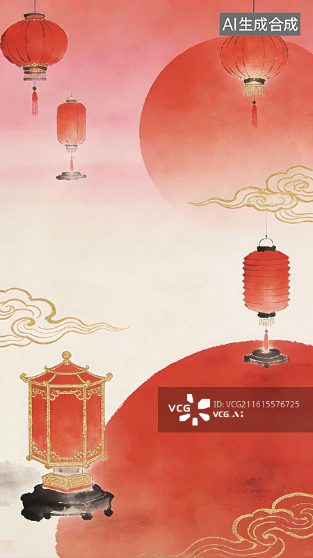 【AI数字艺术】古风意境写意水墨悬挂着红色灯笼主题图片素材