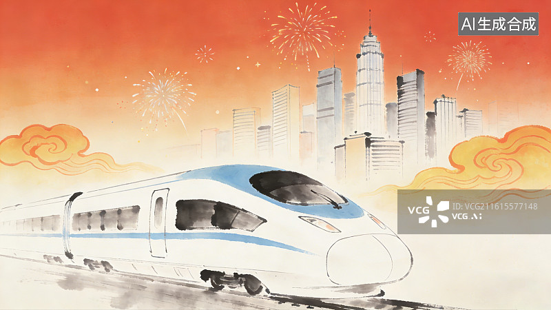 【AI数字艺术】古风意境写意水墨高铁列车在铁轨上行驶城市交通旅游出行春运回家图片素材
