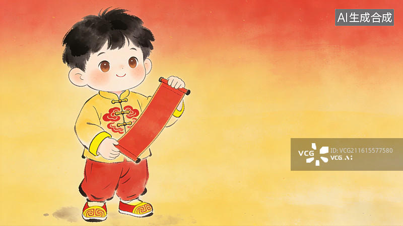 【AI数字艺术】古风意境写意水墨穿着传统服饰的小男孩拿着红色卷轴春联祝福语年俗主题图片素材