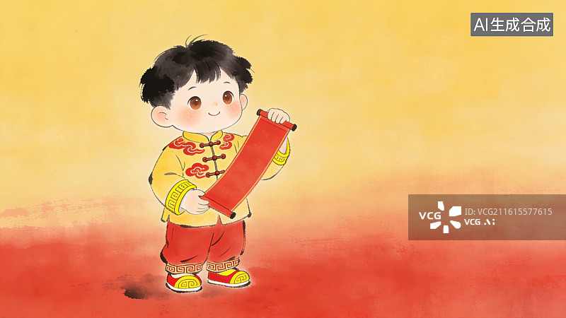【AI数字艺术】古风意境写意水墨穿着传统服饰的小男孩拿着红色卷轴春联祝福语年俗主题图片素材