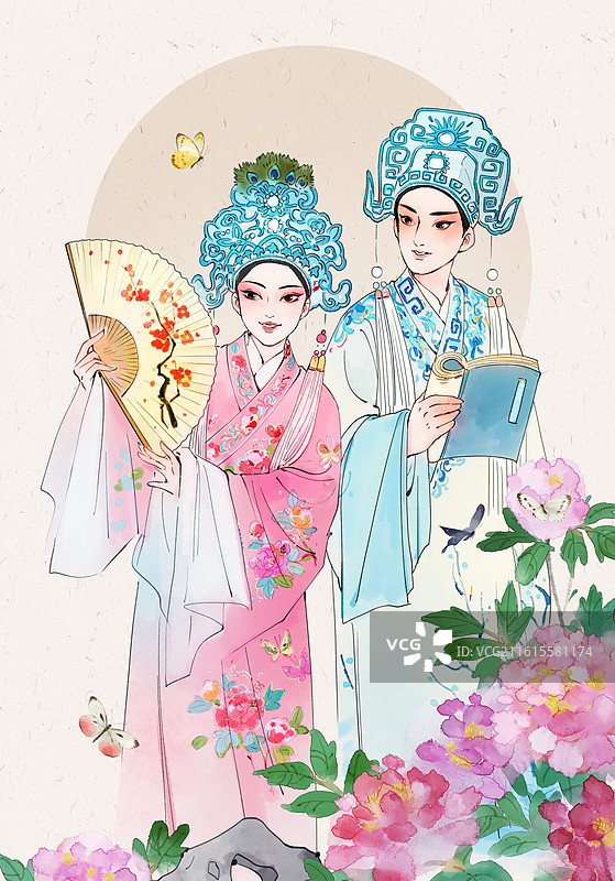 越剧传统戏曲梁祝祝英台梁山伯蝴蝶国风插画图片素材