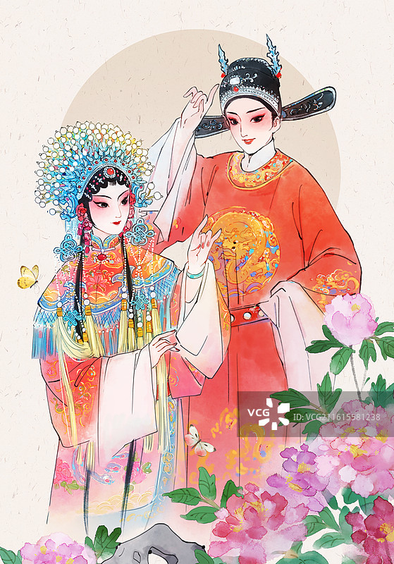 黄梅戏传统戏曲女驸马牡丹花国风插画图片素材