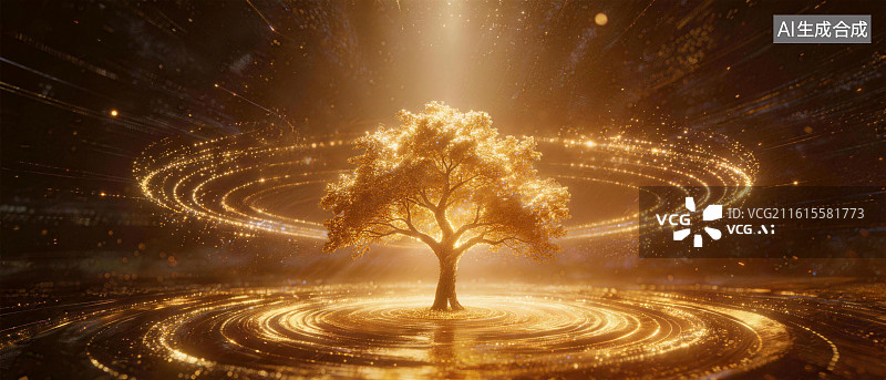【AI数字艺术】金色科技感生命之树图片素材