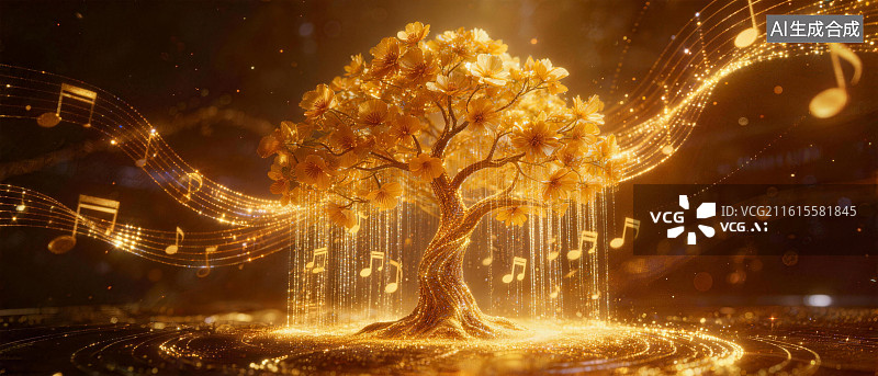 【AI数字艺术】金色科技感生命之树图片素材