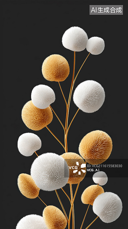 【AI数字艺术】简单高级黑色背景的金色枝条白色毛绒球植物3D卡通立体插画图片素材