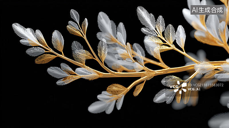 【AI数字艺术】简单高级黑色背景的金色枝条白色毛绒球植物3D卡通立体插画图片素材