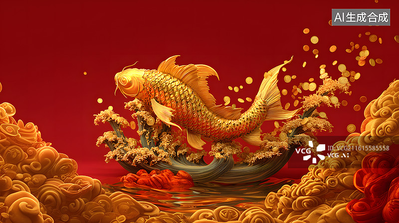 【AI数字艺术】金色鲤鱼腾跃金币浪图片素材
