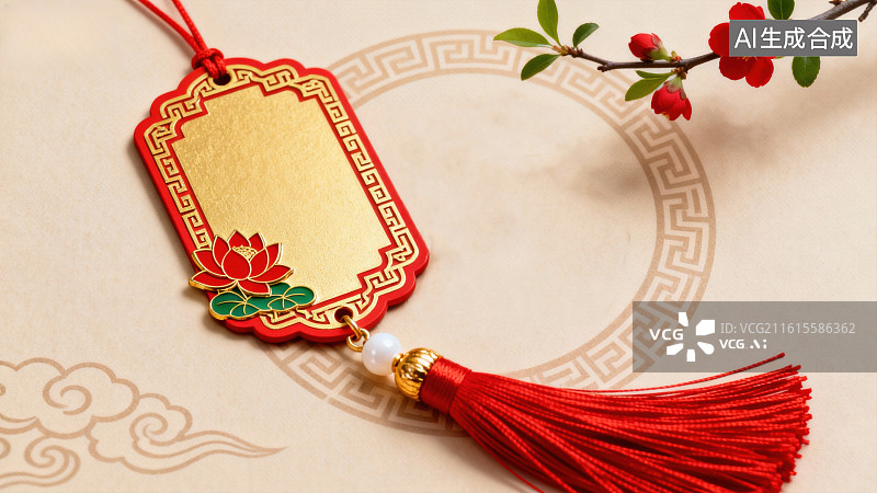 【AI数字艺术】红色中国风挂饰与梅花枝图片素材