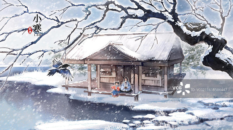 二十四节气冬季小寒喜鹊筑巢-古风国风水墨风水彩写意画海报设计模板图片素材