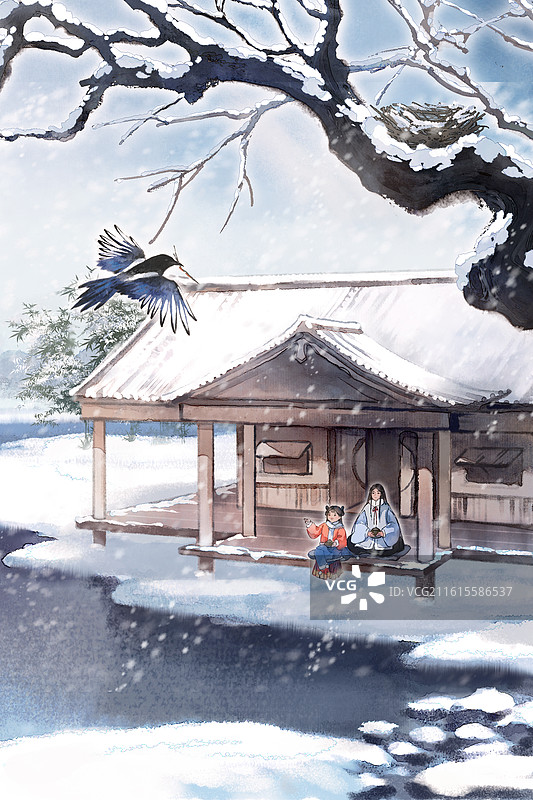 二十四节气冬季小寒喜鹊筑巢-古风国风水墨风水彩写意画图片素材