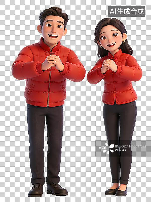 【AI数字艺术】一对年轻男女，穿着红色中式外套，作揖拜年，面带微笑，站立姿势，庆祝或问候图片素材