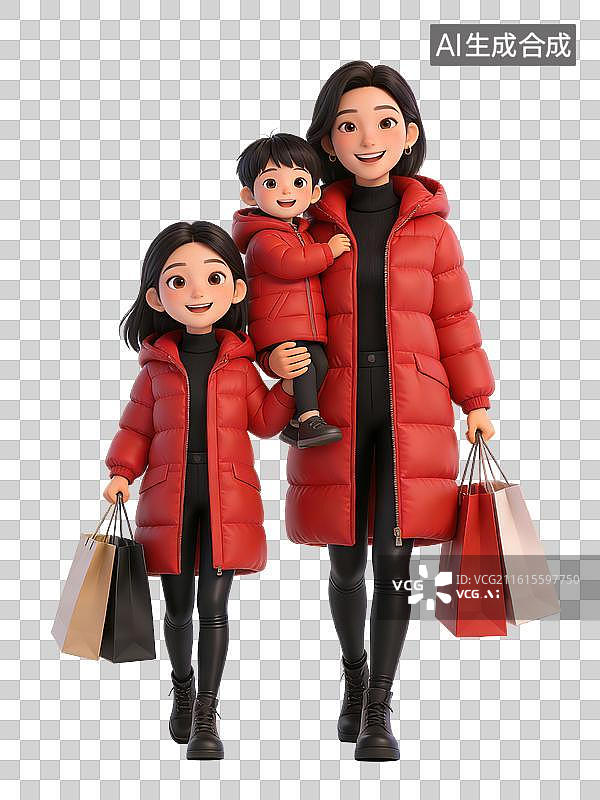 【AI数字艺术】一位年轻母亲抱着小男孩，旁边站着小女孩，三人都穿红色羽绒服，面带微笑，手持购物袋，温馨快乐图片素材