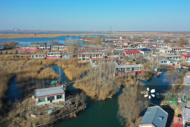碧水连天映霞光，野鸭掠舞芦花黄  俯身临岸观舟远，银杏红叶风里扬  千岛万湖织洋淀，生态画卷韵悠长图片素材