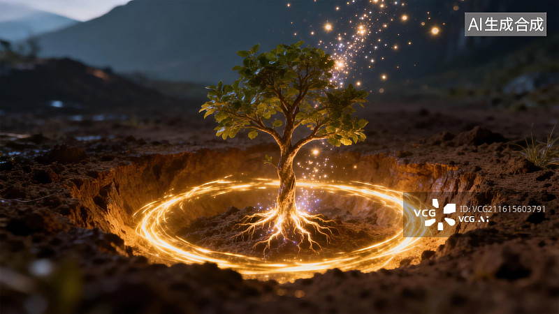 【AI数字艺术】发光树根环绕的神秘之树图片素材