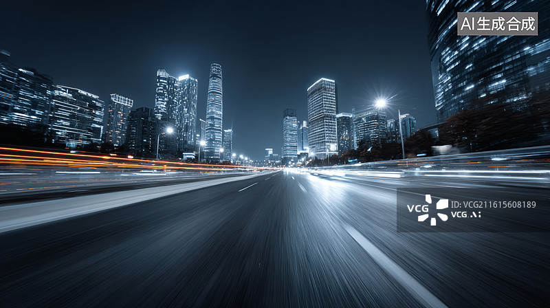 【AI数字艺术】夜幕下的城市道路，车流光轨与摩天楼图片素材
