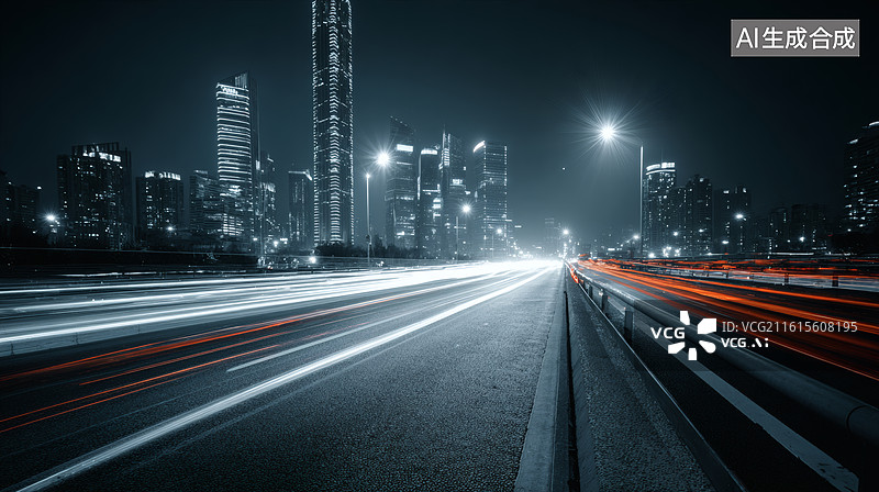 【AI数字艺术】夜幕下的城市道路，车流光轨与摩天楼图片素材