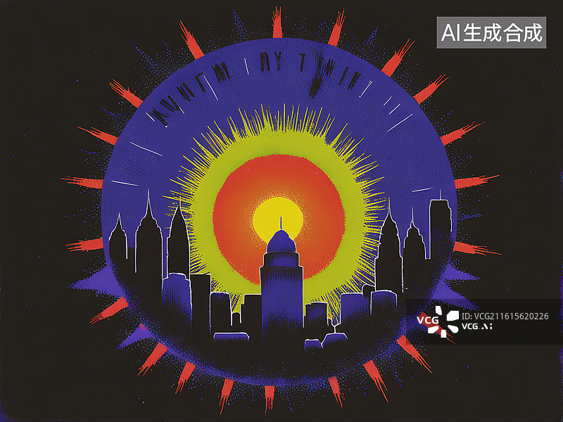 【AI数字艺术】城市剪影与放射光芒的抽象艺术图图片素材