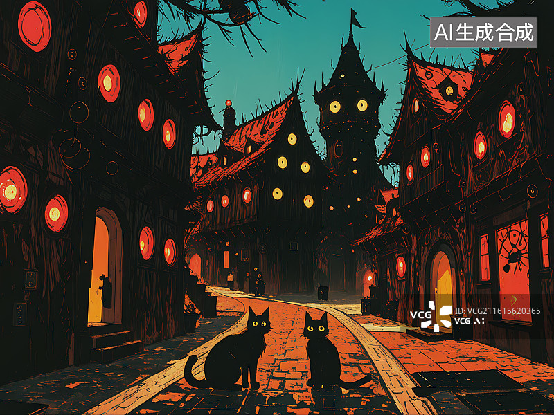 【AI数字艺术】夜幕下的灯笼古街猫影图片素材