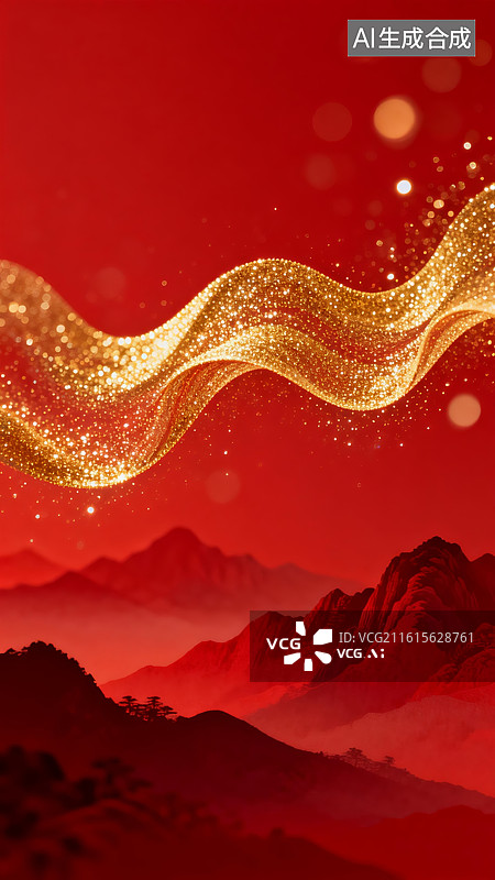 【AI数字艺术】红色背景金色波浪山峦图片素材