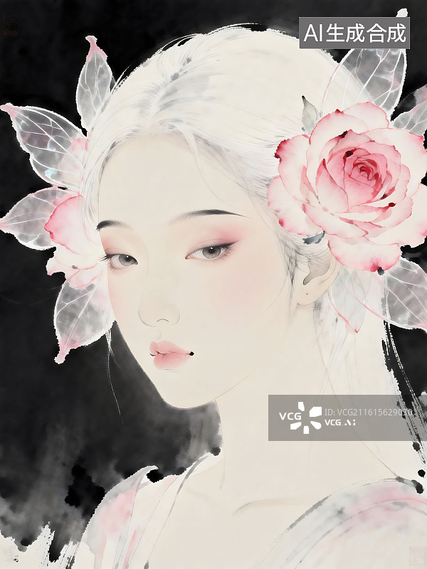 【AI数字艺术】古典女子肖像，水墨丹青，极淡水彩，留白，写意，极简，禅意，空灵，绝美，古典，渲染，梦境，唯美图片素材