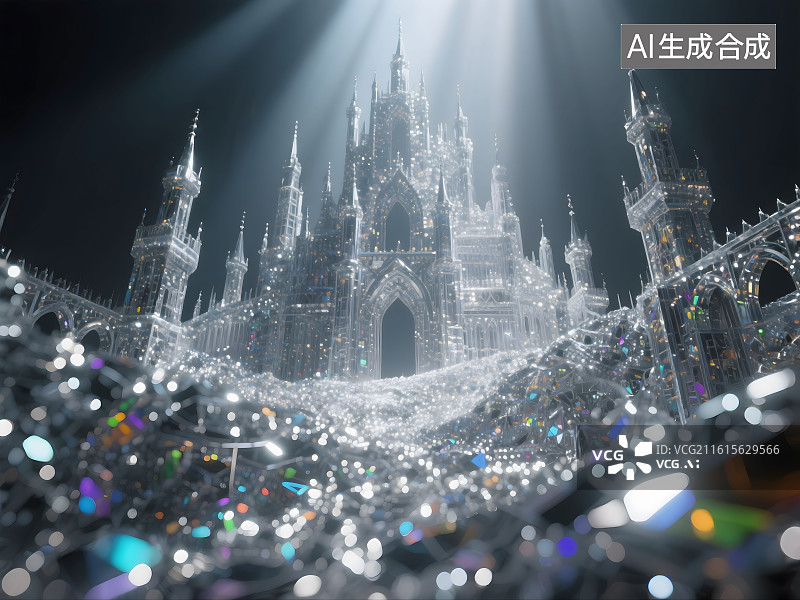 【AI数字艺术】由无数银色光点和炫彩琉璃组成的抽象恢宏巨大城堡轮廓图片素材