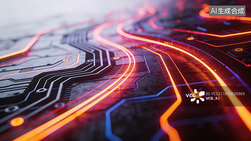 【AI数字艺术】发光电路板特写图片素材
