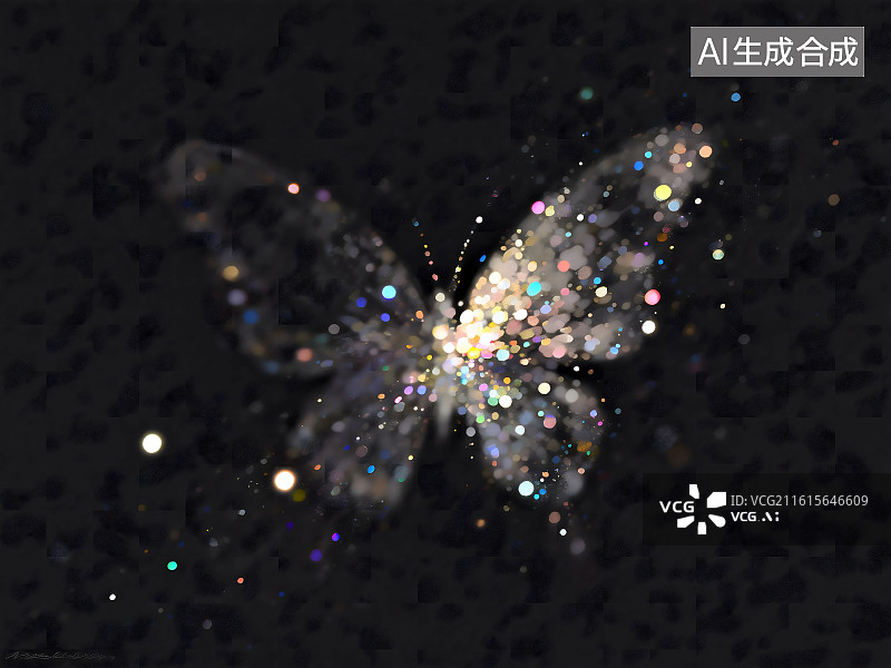 【AI数字艺术】蝴蝶，深黑色背景中，五光十色的闪光点密集分布图片素材