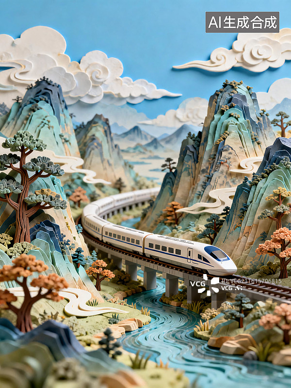 【AI数字艺术】立体插画高铁穿行绿水青山图片素材