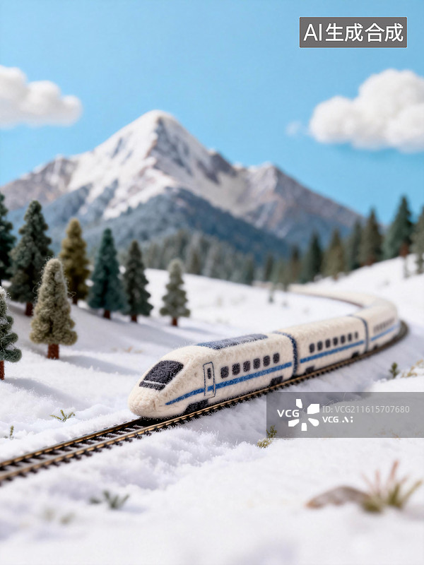 【AI数字艺术】毛毡风格微缩景观高铁在雪原上行驶图片素材