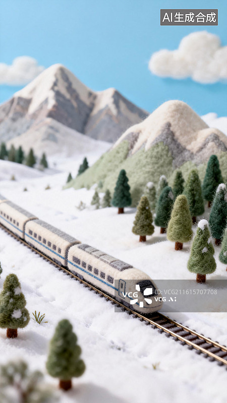 【AI数字艺术】毛毡风格微缩景观高铁在雪原上行驶图片素材