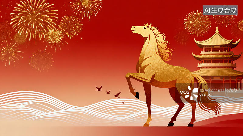【AI数字艺术】金色骏马与传统建筑烟花背景图片素材
