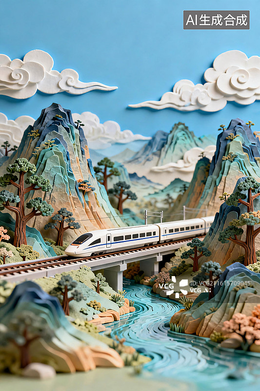 【AI数字艺术】立体插画高铁穿行绿水青山图片素材