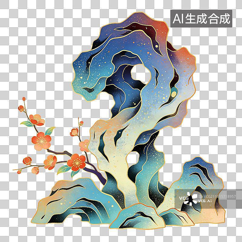 【AI数字艺术】岩石花枝园林造景插画图片素材
