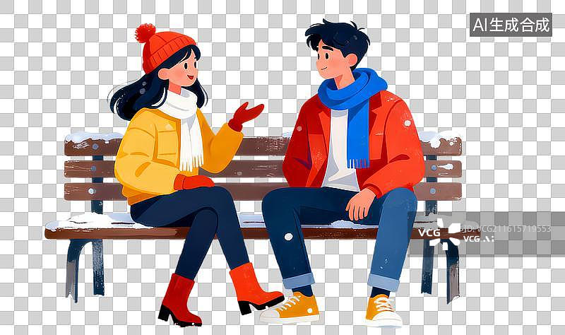 【AI数字艺术】冬天，女孩男孩坐长椅上谈情说爱 情侣插画系列图片素材