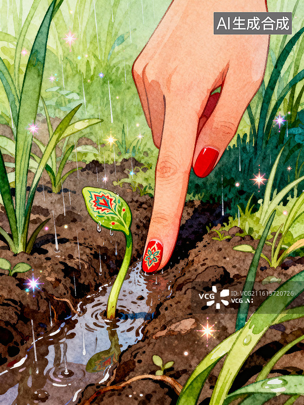 【AI数字艺术】红指甲碰着水坑里的小苗　四月谷雨创意插画图片素材