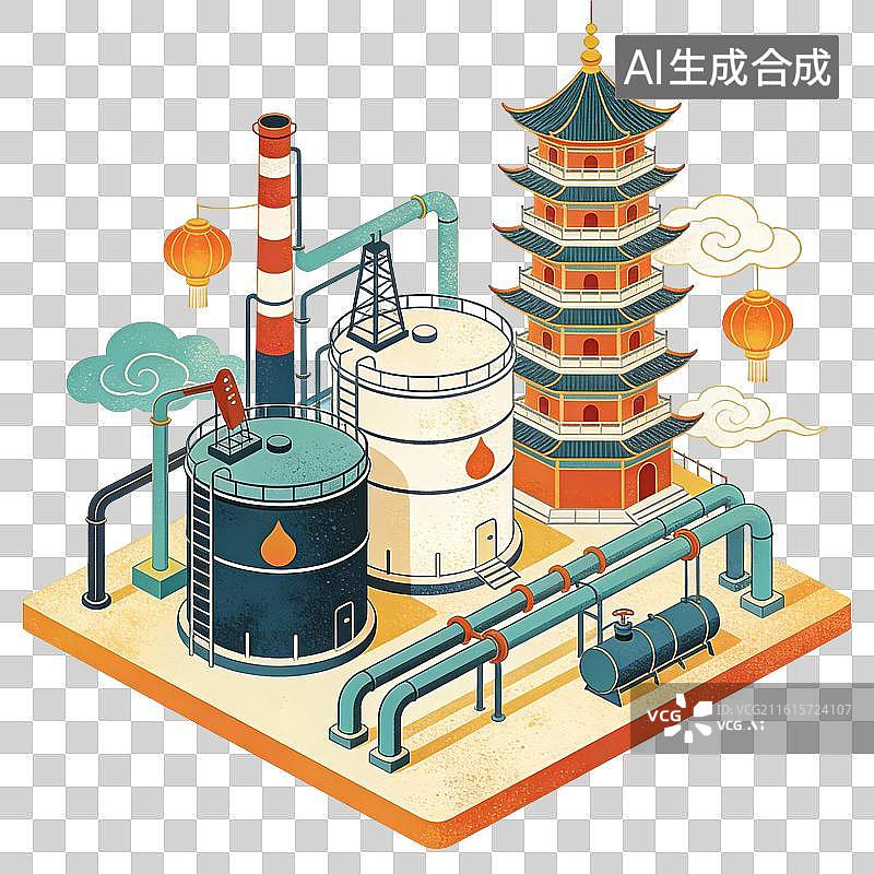 【AI数字艺术】石油工厂场景插画图片素材