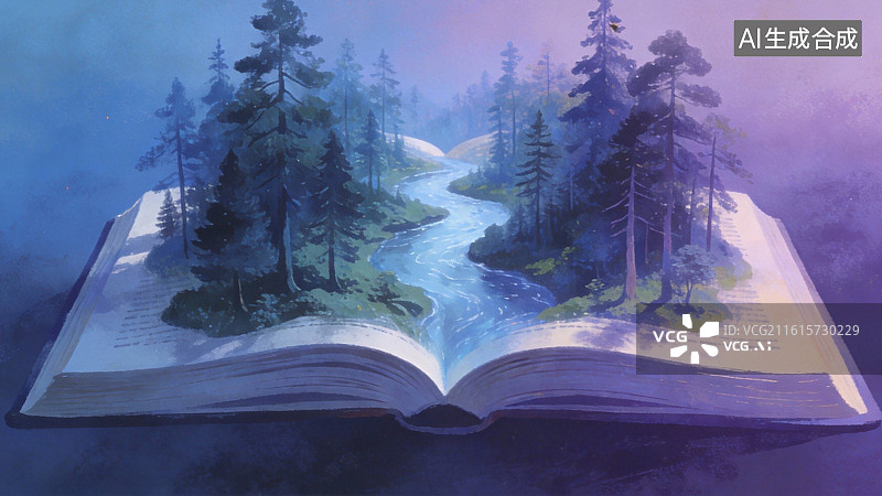 【AI数字艺术】书页中的森林河流图片素材