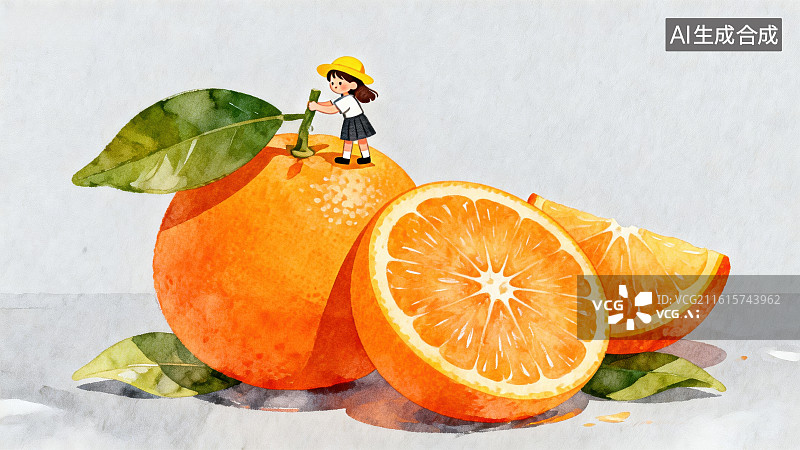 【AI数字艺术】橙子上的小人与切开的橙子图片素材
