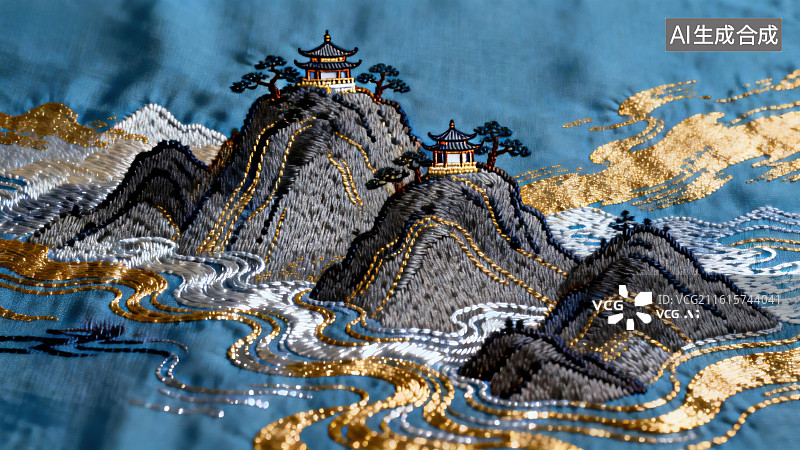 【AI数字艺术】山水楼阁刺绣图案图片素材