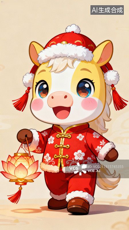 【AI数字艺术】卡通小马穿红衣持灯笼图片素材
