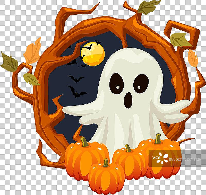 可爱有趣的卡通鬼魂，带着南瓜和木头图片素材