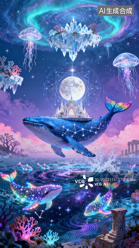 【AI数字艺术】梦幻漂浮巨鲸城堡插画图片素材