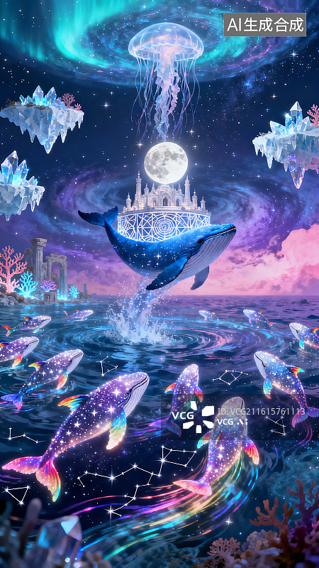 【AI数字艺术】梦幻漂浮巨鲸城堡插画图片素材