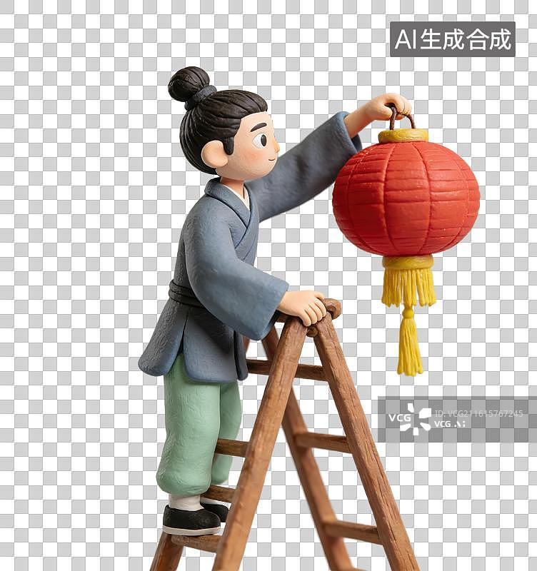 【AI数字艺术】3D粘土风正月十五元宵节身着汉服的男子在挂灯笼准备花灯灯节元素图片素材