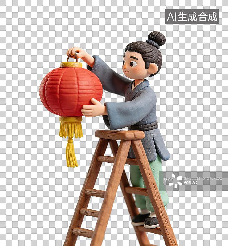 【AI数字艺术】3D粘土风正月十五元宵节身着汉服的男子在挂灯笼准备花灯灯节元素图片素材
