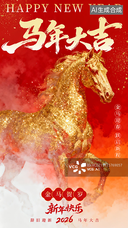【AI数字艺术】金箔闪烁细小颗粒感奔跑的马红白节日海报图片素材